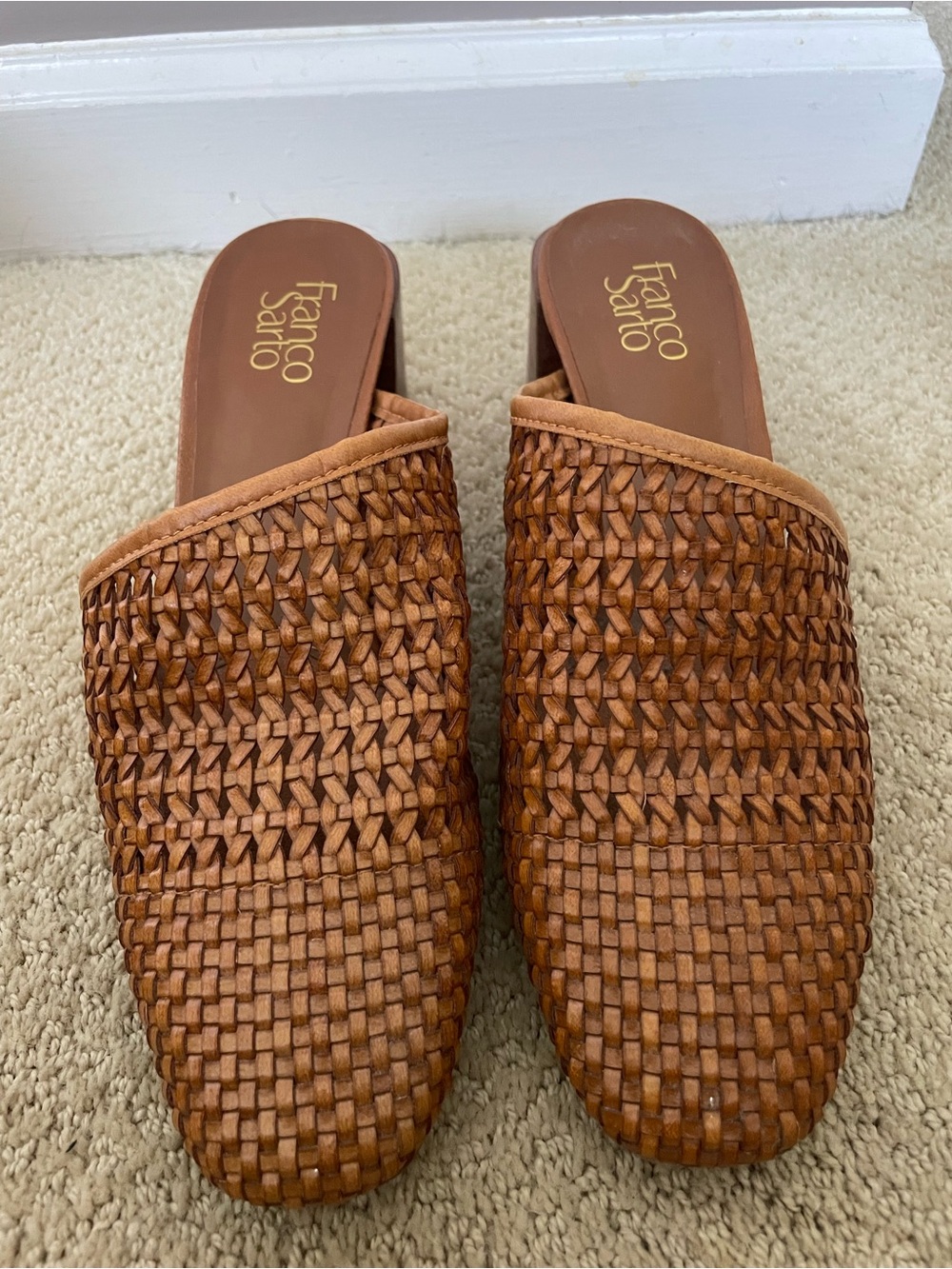 Franco Sarto Woven Heeled Mules in Cognac Brown